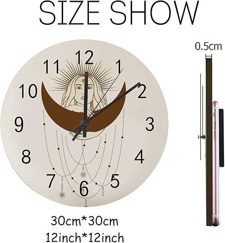 Miniatura 2 de Reloj de pared de madera con pilas, silencioso, sin tictac, dibujado a mano, mujer mística, sol, luna, estrella, reloj redondo y preciso, sala de