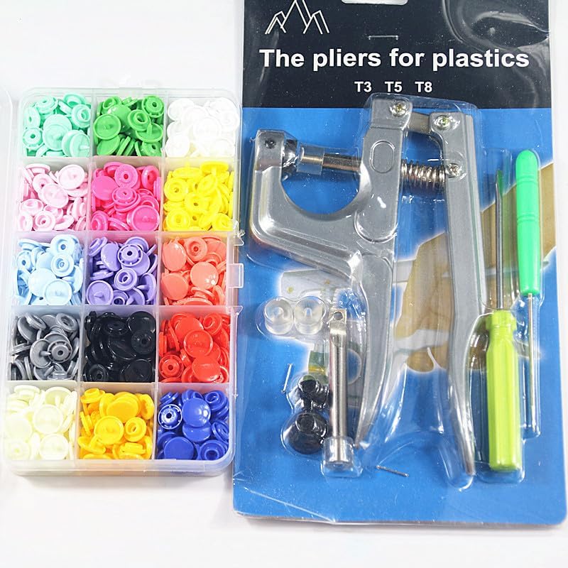 1Set Metal Press Pliers Tools Used for T3 T5 T8 Kam Button Fastener Snap Pliers+150 Set T5 Plastic Resin Press Stud Cloth Diaper - (Color: 150 Buttons)