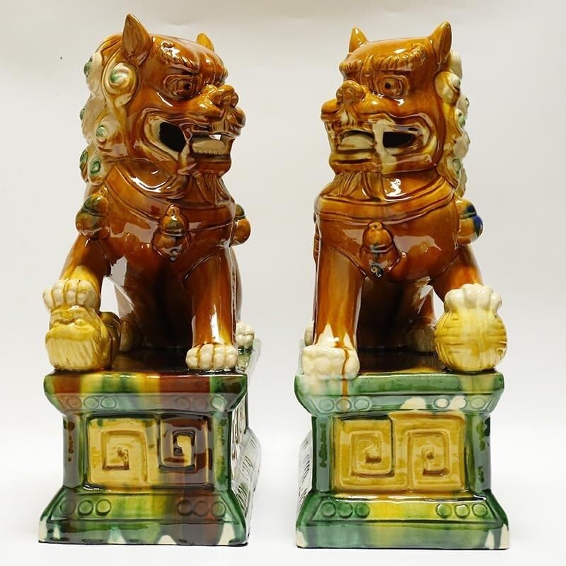 Chiens de Fô en Céramique Feng Shui, Lions Gardiens Sancai et statues Tang beige pour maison