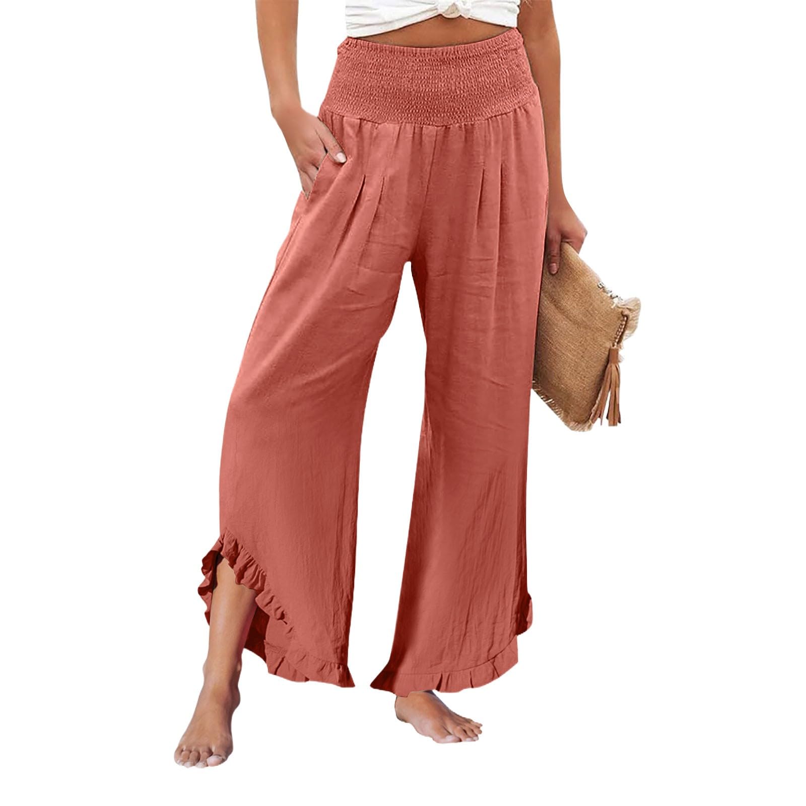 Linen Wide Leg Pants Woman Flowy High Waisted Palazzo Pants Trousers Casual Summer Beach Pants with Pockets Palazzo Pants for Women Plus Size Loose Pants for Women Summer Pants for Women Dressy Casual