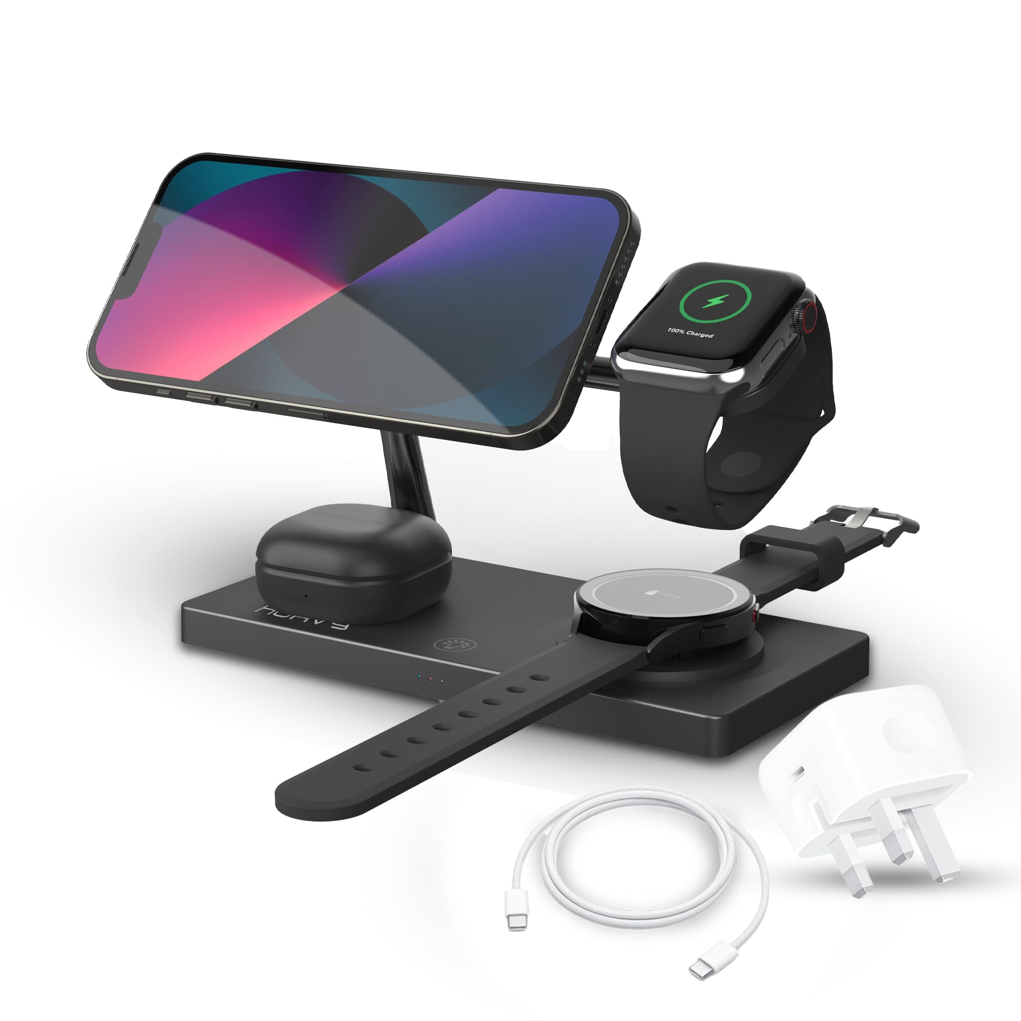 HOAVY 7 in 1 wireless charging station MagPlus Series, Magnetic charger compatible for iphones, Samsung, Huawei Models, Dual 15W Fast Charging Support [HWC7100B All Included] (BLACK, 7in1 MagPlus)