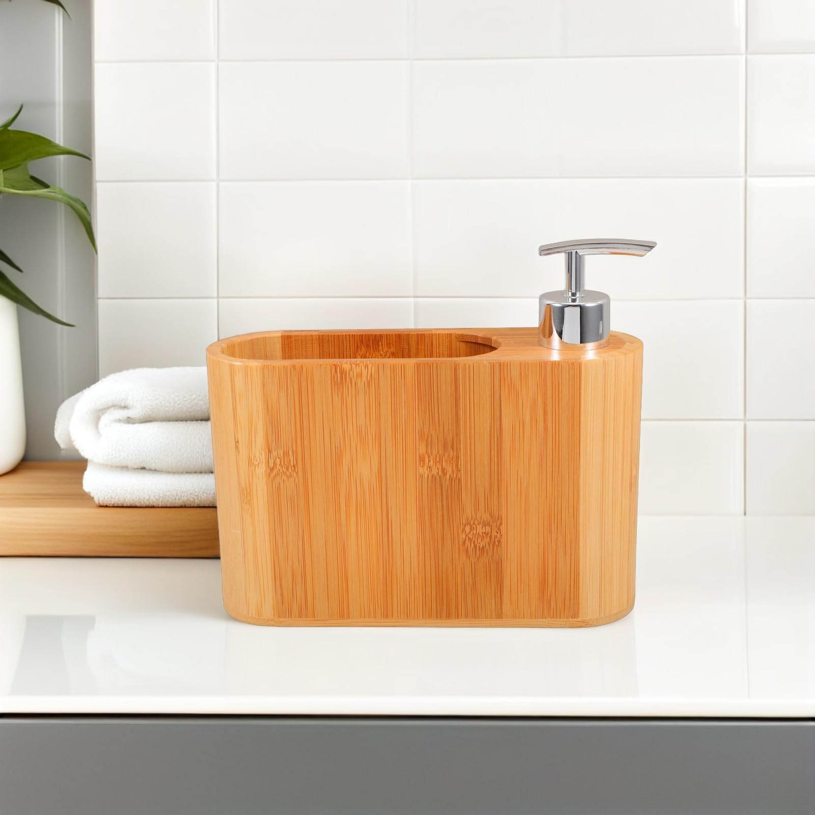 Gadpiparty Dispensador de Jabón Oval de Plástico y Madera Diseño Elegante para Uso en Baño y Hogar, Cómodo Agarre y Pieza Decorativa Portátil