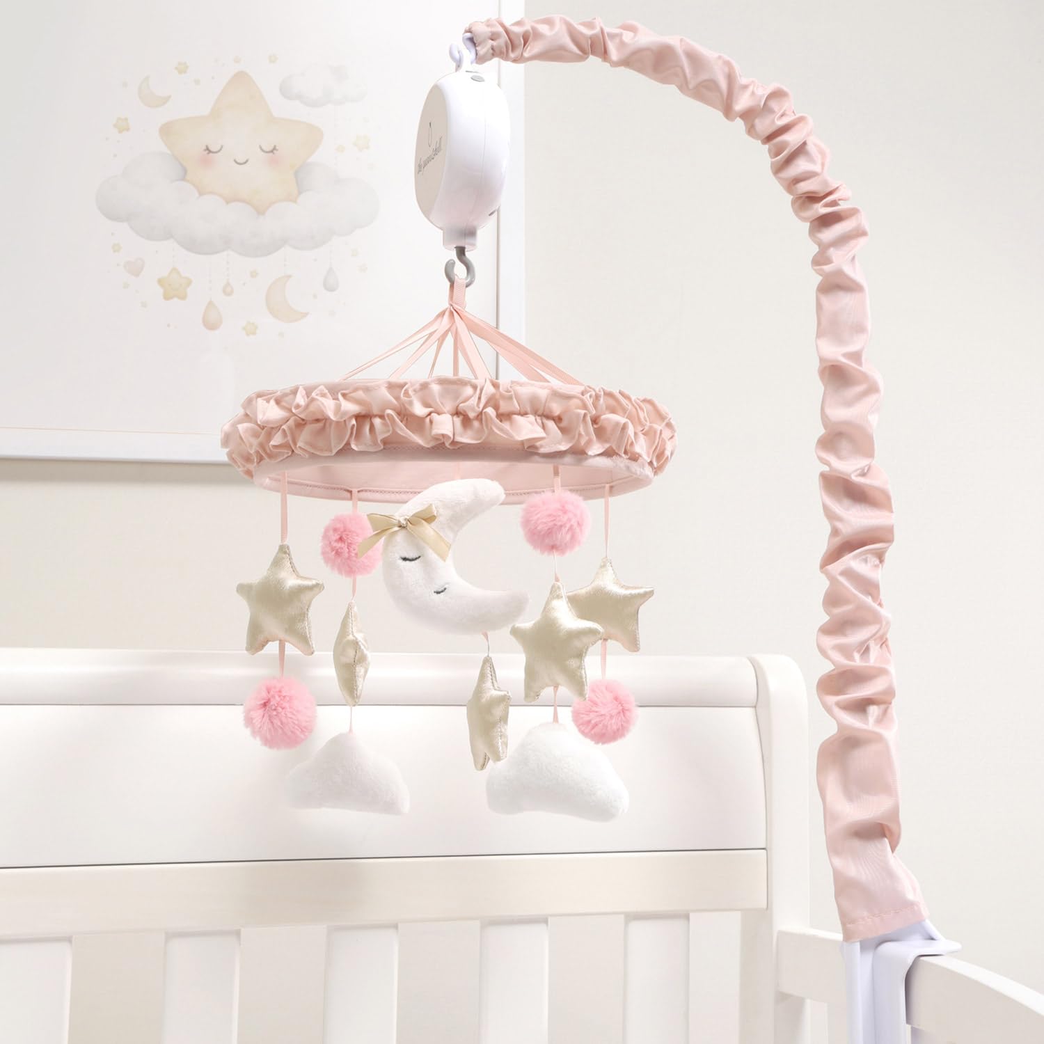 The Peanutshell Móvil de cuna para niñas – Cuna móvil musical para bebé con 12 canciones de cuna y control de volumen, decoración de guardería rosa celestial, bonitos accesorios para guardería