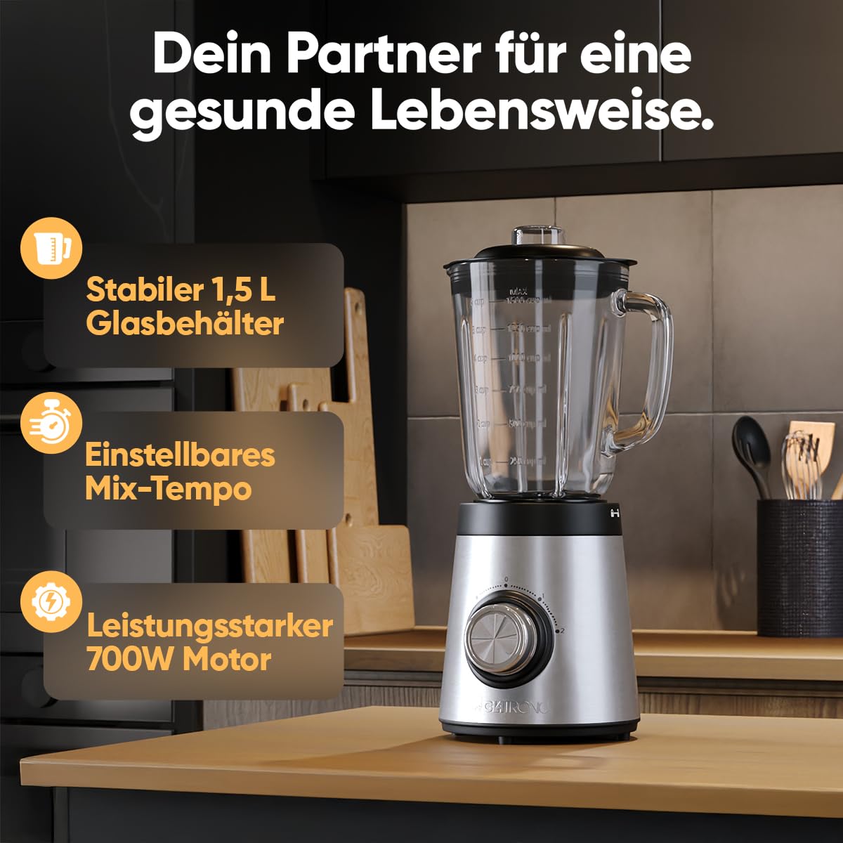 Mikser stojący Clatronic 700 W | Blender | Bez BPA | Solidne szkło | Poczwórne ostrza ze stali nierdzewnej | Urządzenie do robienia koktajli o pojemności 1,5 l | Funkcja kruszenia lodu