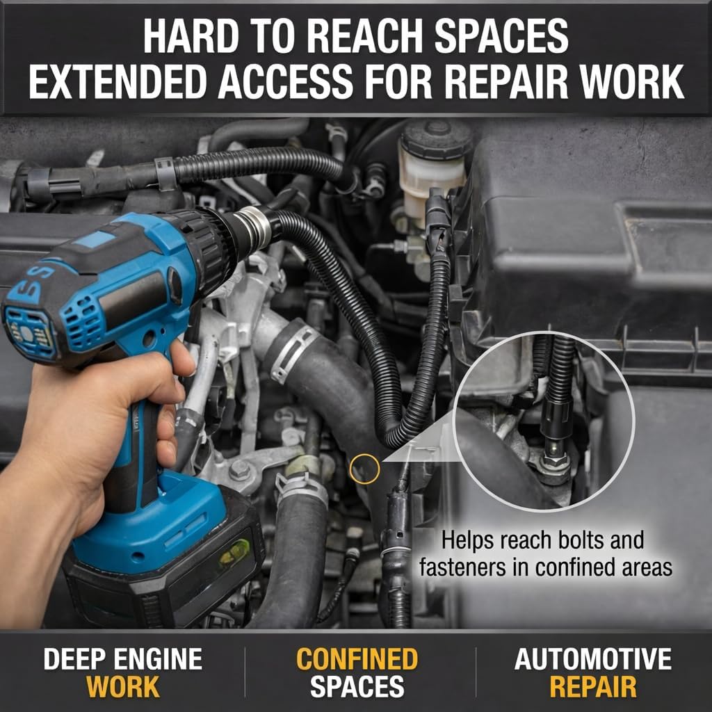Flexible Socket Extension 1/2 Shaft Impact Offset Wrench Extender Tools Flex Head Ratchet Drill Bit 90 Degree Organizer Drive Swivel Bar Rod Set for Electric Reach Tight Space