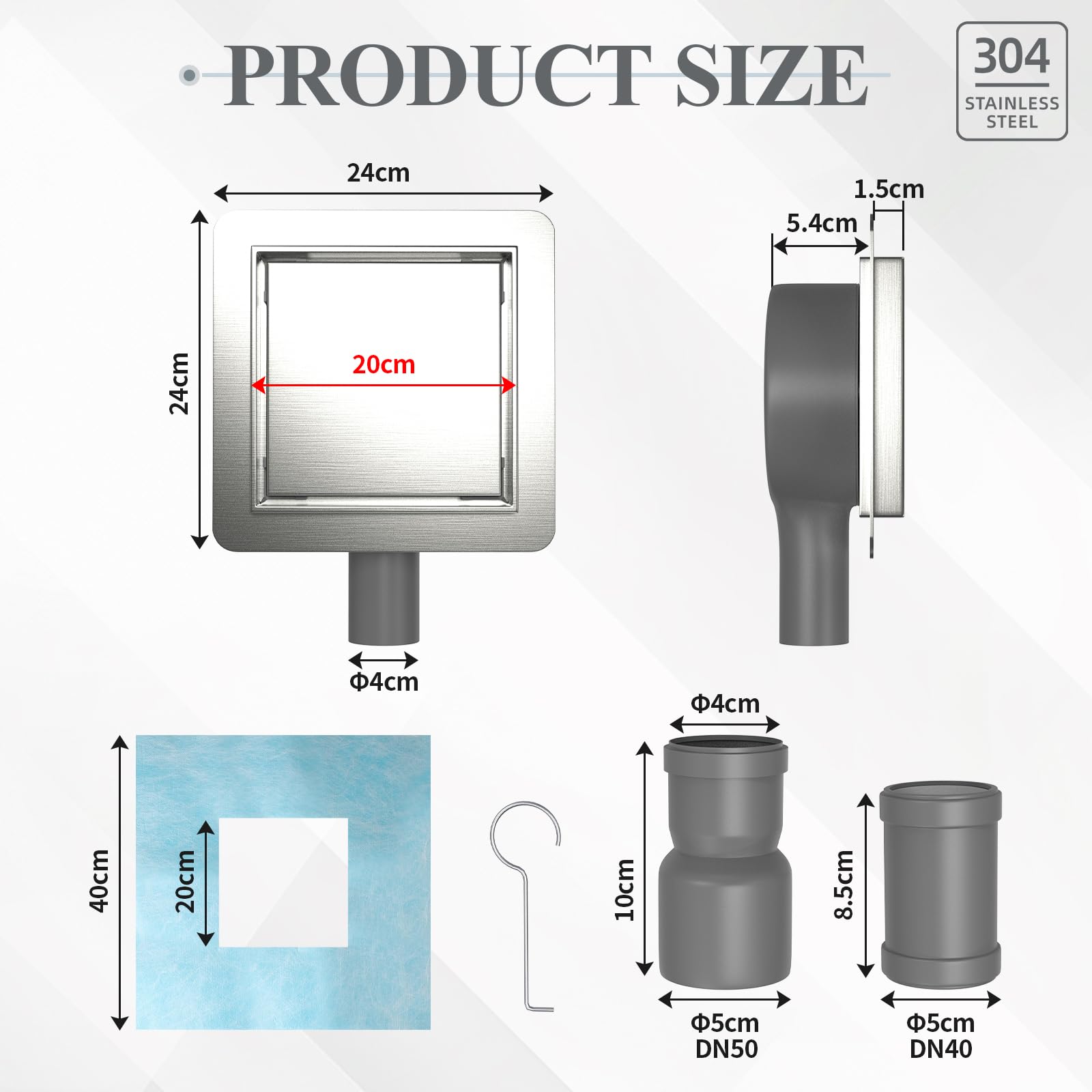 EFUTURETIME 20x20cm Caniveau de Douche Carré INOX, Siphon de Sol Douche Italienne à Carreler avec Raccord DN50/DN40 Bonde Douche Extra Plate Siphon à 360° avec Anti-Odeurs et Filtre à Cheveux