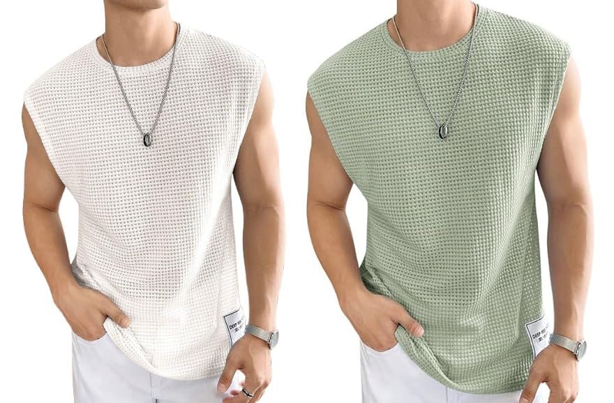 Image of Men's Waffle Tank Tops - Sleeveless Round Neck Polycotton Vest T-Shirts for Gym, Workout & Casual Wear(Pack of 2)