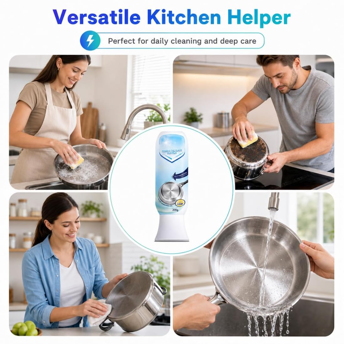 Limpiador de Ollas y Sartenes, Pasta Limpiadora para Manchas Negras y Restos Quemados, Desengrasante Multiusos para Cocina (3Pcs)