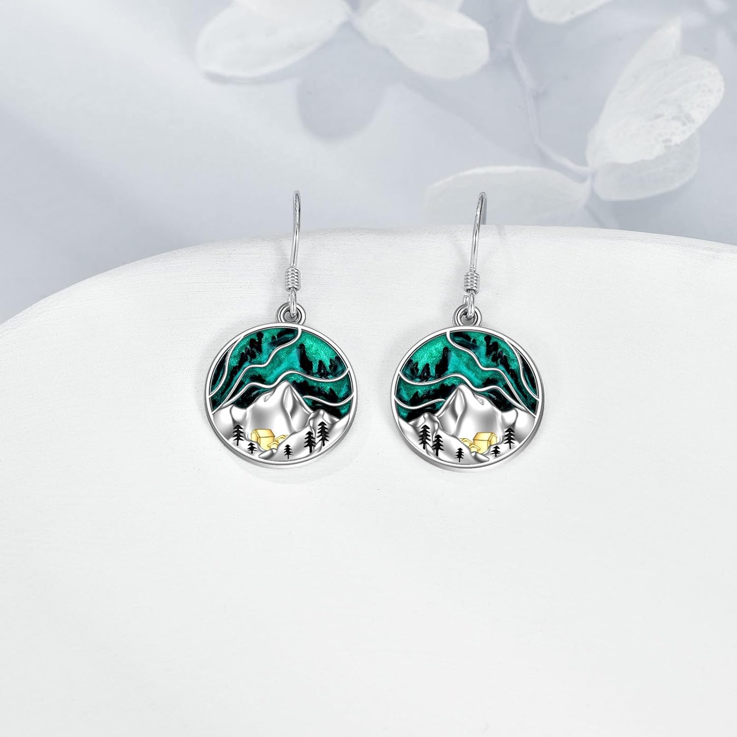 Mountain Earrings Gifts Sterling Silver Abalone Sun Mountain and Tree Dangle Earrings Nature Jewelry Gift for Skiers, Hikers, Campers, Climbers,Nature Lovers