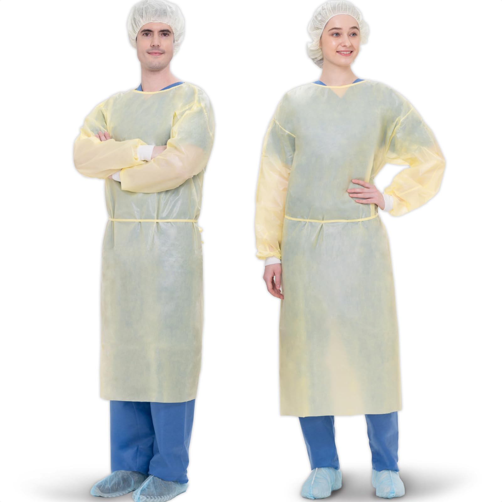 Medtecs Disposable Isolation Gowns - AAMI Level 4 PPSB+PE 36 GSM - 10/100 PC - Seal Tape & Elast Cuffs, Fluid Resistant Durable Comfortable PPE -