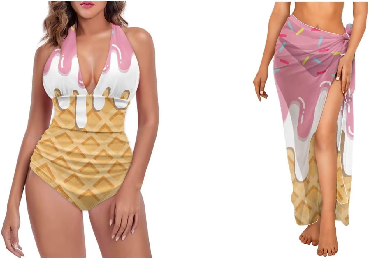 Yewattles Women's 2 Piece Bathing Suits Halter Ring One-Piece Bikini Set with Cover Up Dress, Halter High Waist Swimsuit