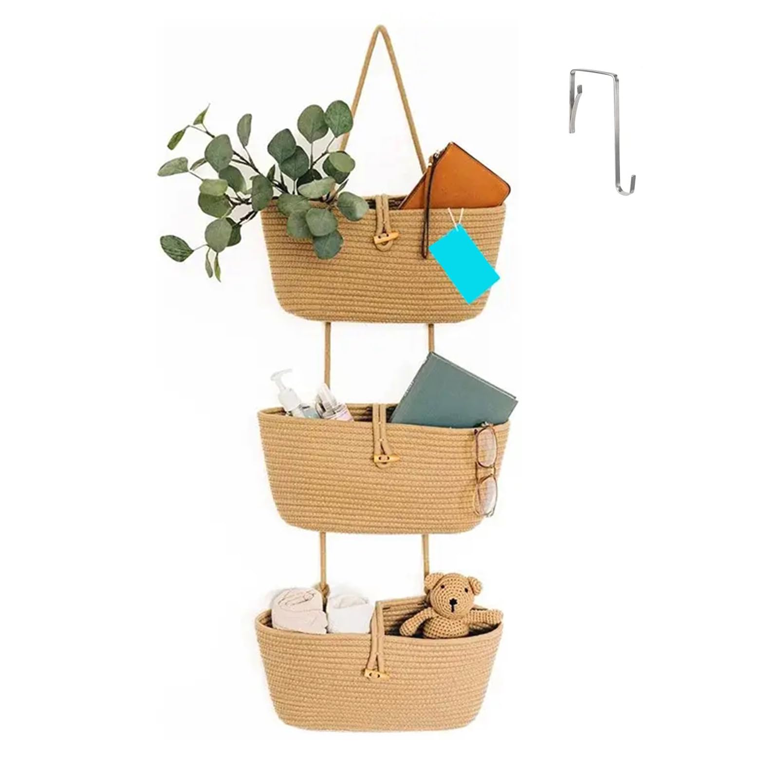 3-Tier Over the Door Hanging Basket, Wall Mount Hanging Storage Organiser Bag, Cotton Rope Woven Storage Solution with Hook, Decorative Hanging Baskets for Bedroom, Living Room, Bathroom, Nursery (B1)