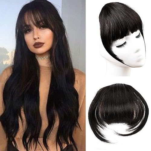 Kori Koli Extensiones de cabello humano real con clip, color marrón oscuro x negro, flequillo con fleco con red agradable y plano natural, flequillo