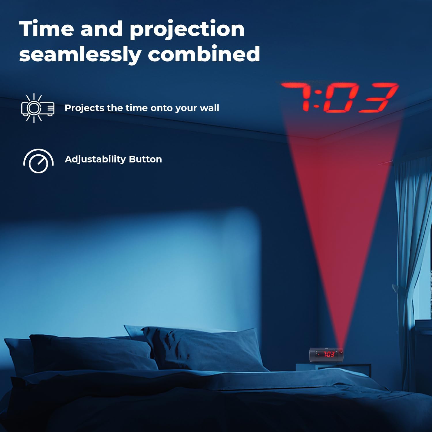 Bedroom scene at night with the Sonic Blast alarm clock projecting the time '7:03' onto the wall.