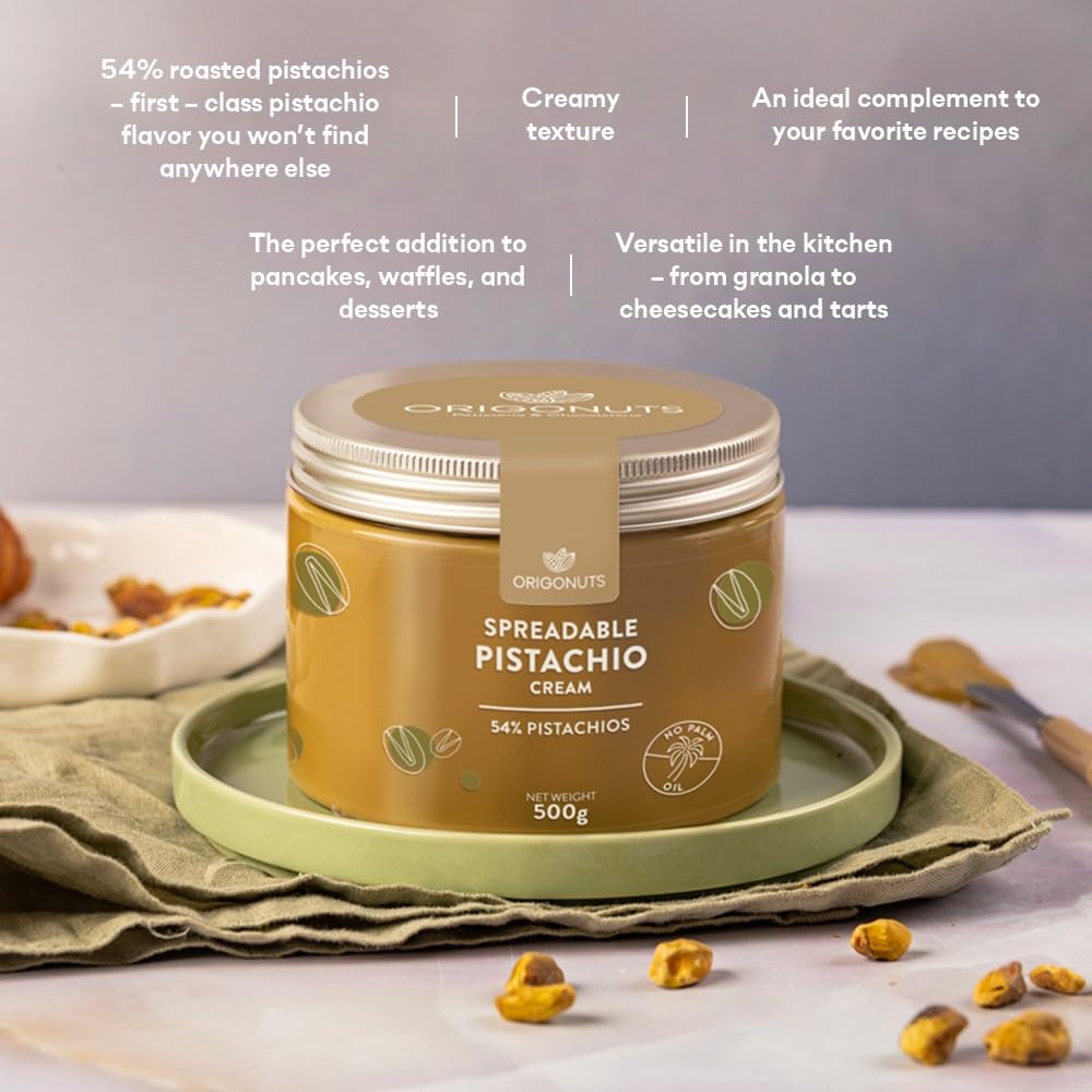 ORIGONUTS, Pistazienpaste 54% Pistazien, Pistaziencreme, Pistazienmus - Basis für Kuchen, Cremes, Desserts, Eiscreme, Dubai-Schokolade - Ohne Farbstoffe, Ohne Palmöl - 500 g