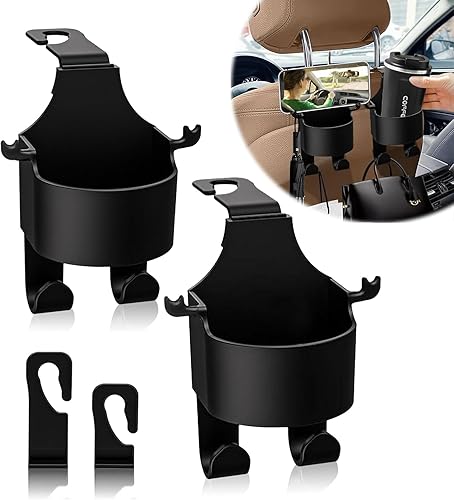2 portavasos para reposacabezas para asiento trasero, portavasos multifuncional para automóvil con gancho para bolso, ajuste universal, organizador