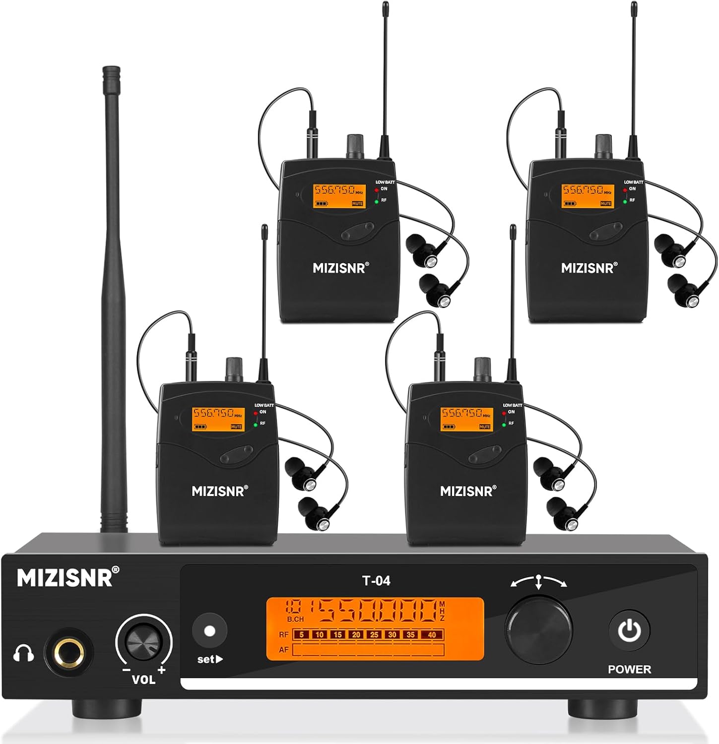 Wireless in Ear Monitor System, Pro UHF Mono IEM System with Metal Transmitter, 4 Bodypack Receivers w/Monitor Earphones, 100 Frequencies, Rack Mount, 262ft Operation for Bands Stage Studio