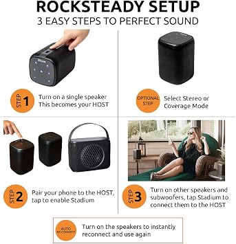 Rocksteady Stadium 2 Bluetooth Speaker Bundle 4 Speakers | Multi-Room Wireless Sound System | Up to 30-Hr Battery | 150 ft Range | Stereo L/R Config