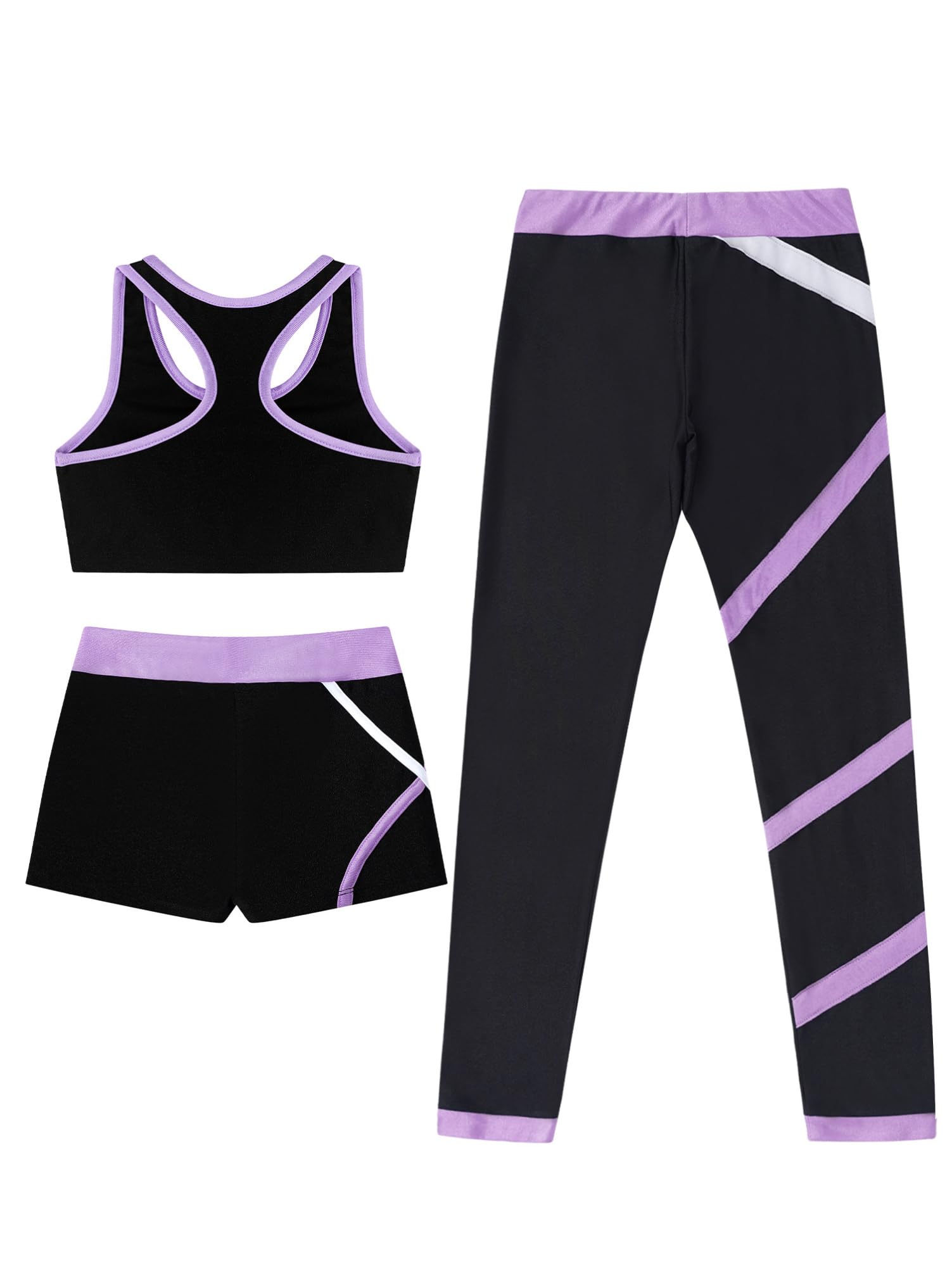 Alvivi Dziecięcy dres treningowy 3-częściowy, sportowy biustonosz + szorty + legginsy, strój do joggingu, gimnastyka, joga, zestaw sportowy, lawendowy, 134-140