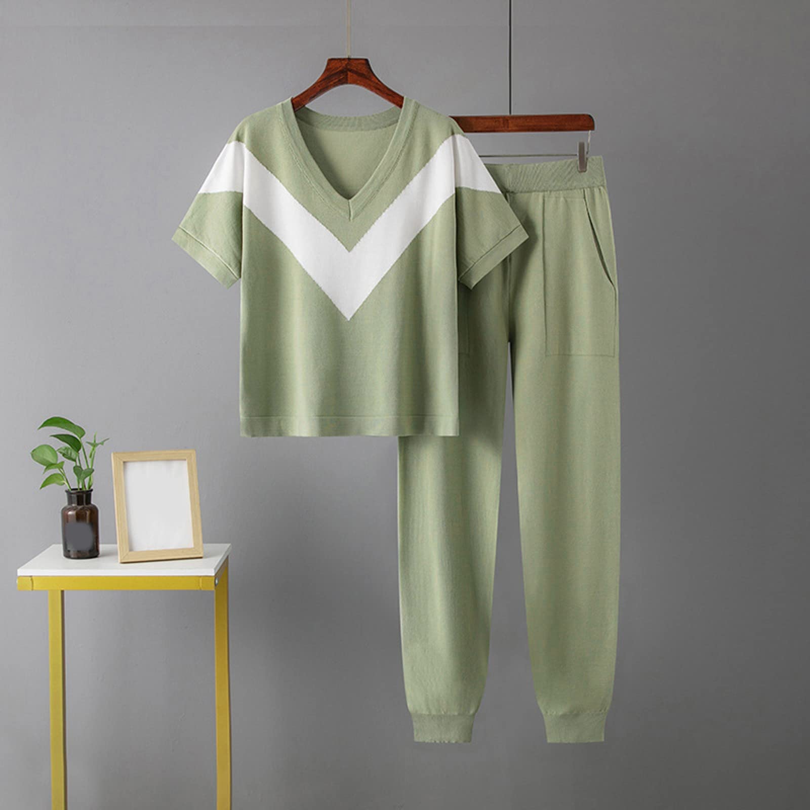 FGUUTYM Mujeres Verano Casual Top Y Pantalones Conjuntos De Color Sólido De Punto De Dos Piezas Conjunto Suéter De Punto Traje Yoga Top