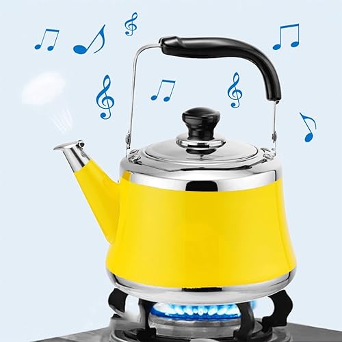 Miniatura 3 de Tetera de acero inoxidable, tetera de acero inoxidable, tetera silbante con mango para todas las estufas (color amarillo, tamaño 2 litros)