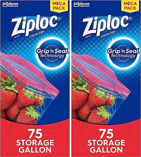 Ziploc Gallon Food Storage Bags, Grip 'n Seal Technology for Easier Grip, Open, and Close, 75 Count, Pack of 2 (150 Total Bags)