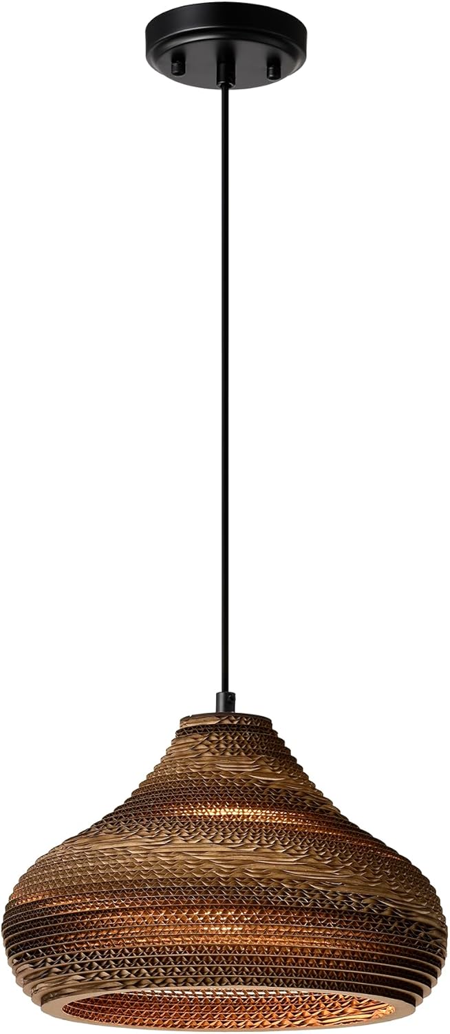 Edvivi Nordic Pendant Light, Modern Black Hanging Light Fixture with Brown Origami Paper Shade, Adjustable Height Hanging Lamp for Bedroom, Kitchen, Living Room, Dining Table