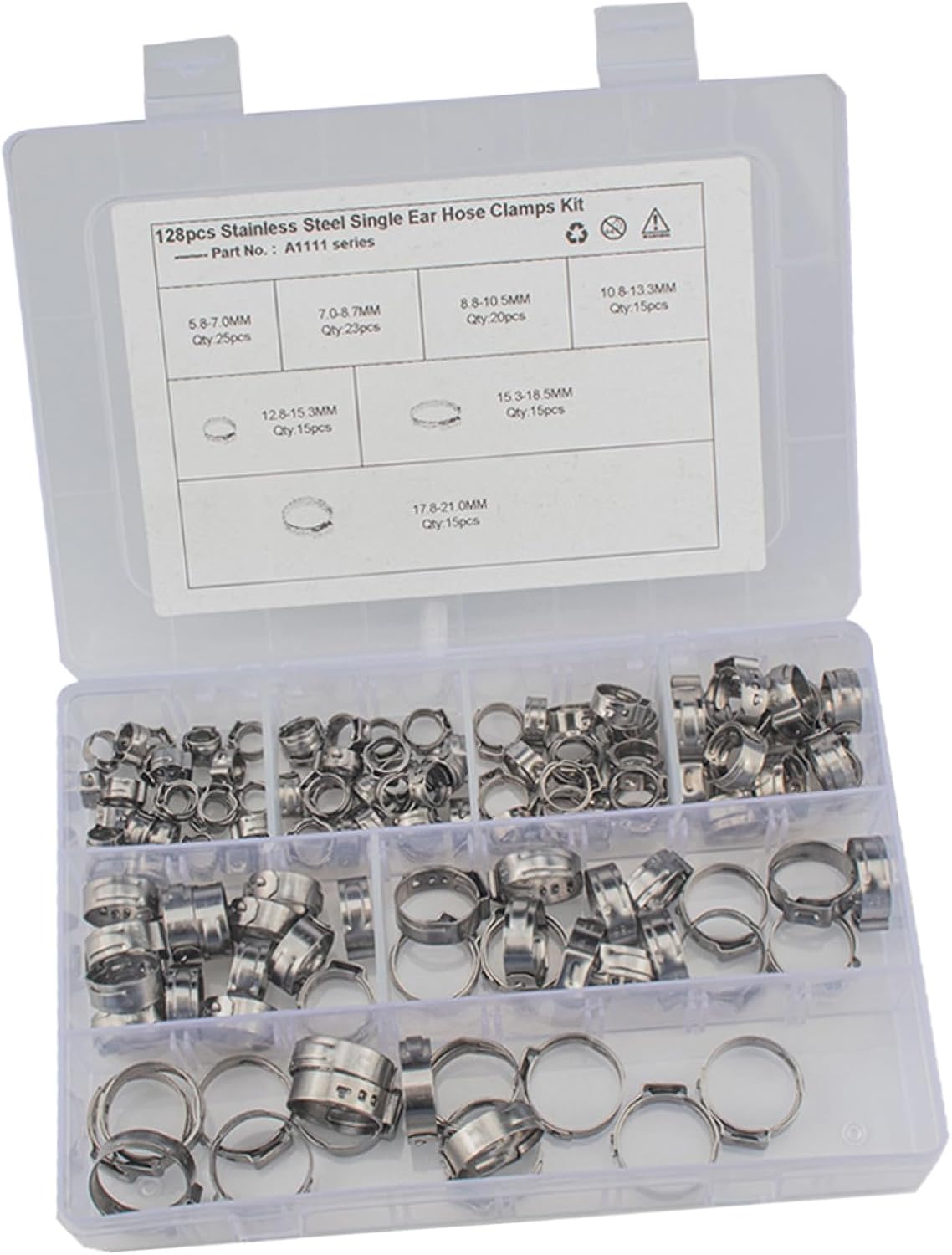 128pcs Stainless Steel Single Ear Hose Clamps Kit 7 Sizes 5.8-21mm Tube Clips for Automotive Plumbing and Industrial Pipe Fittings