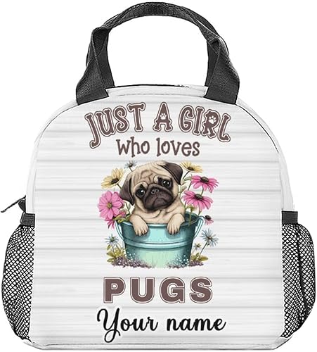 Lonchera personalizada de carlino para niños, lonchera aislada para niñas y niños, lindas bolsas de almuerzo blancas reutilizables, pequeña con