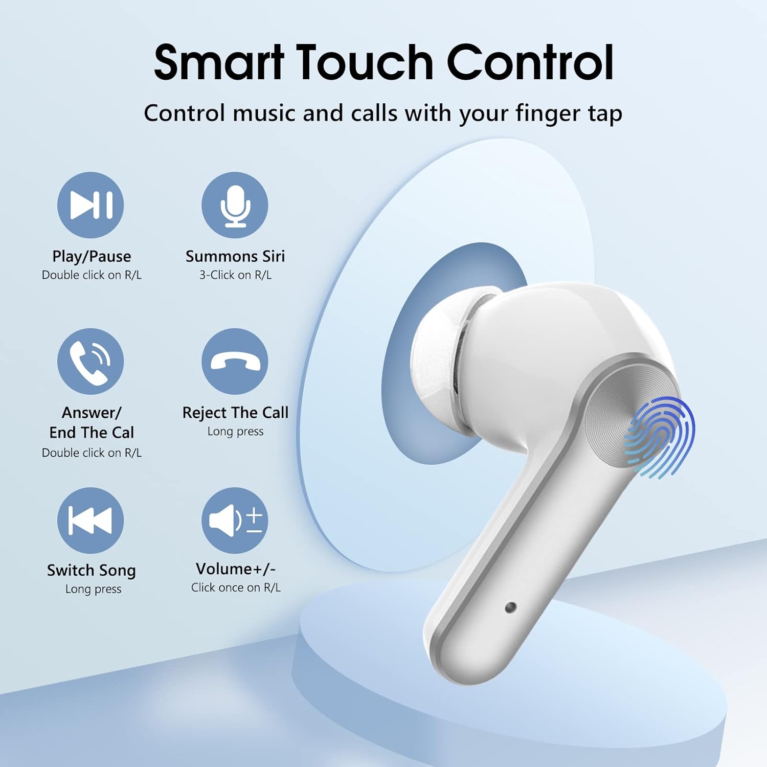 Diagram illustrating smart touch controls for coioc S50-W Earbuds