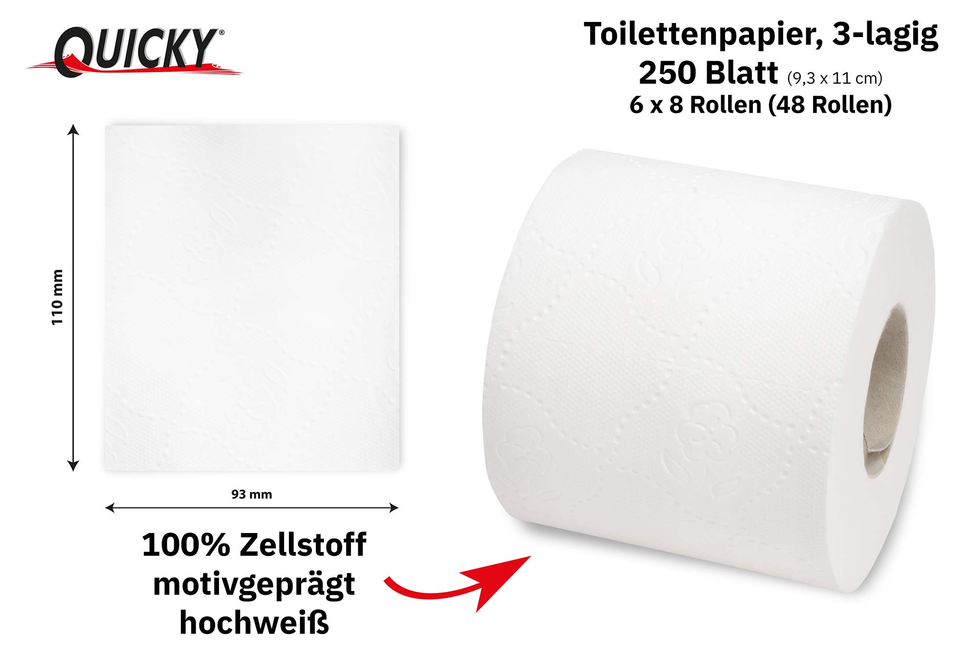 Quicky Papier toaletowy z wytłoczonym motywem, 48 rolek papieru toaletowego, opakowanie na zapasy, bardzo miękki i odporny na rozerwanie, wykonany z wysokiej jakości super białej celulozy, 3-warstwowy, 250 arkuszy (6 x 8 rolek)