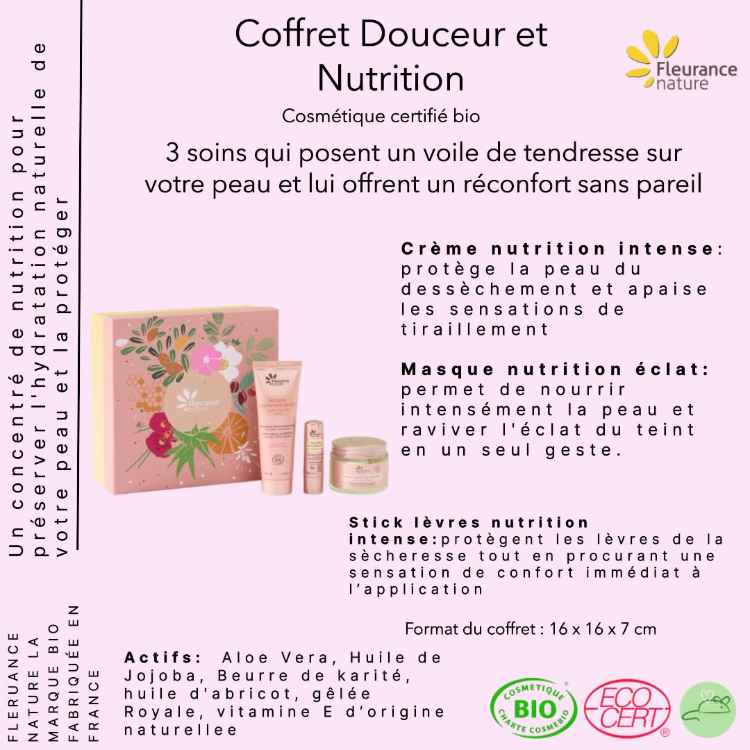 Fleurance Nature, Cofanetto Douceur et Nutrition, Crema Idratante, Maschera e Balsamo Labbra Idratanti, Confezione Regalo Bellezza e Benessere per Donna Cura Viso Donna Bio, Certificato Bio