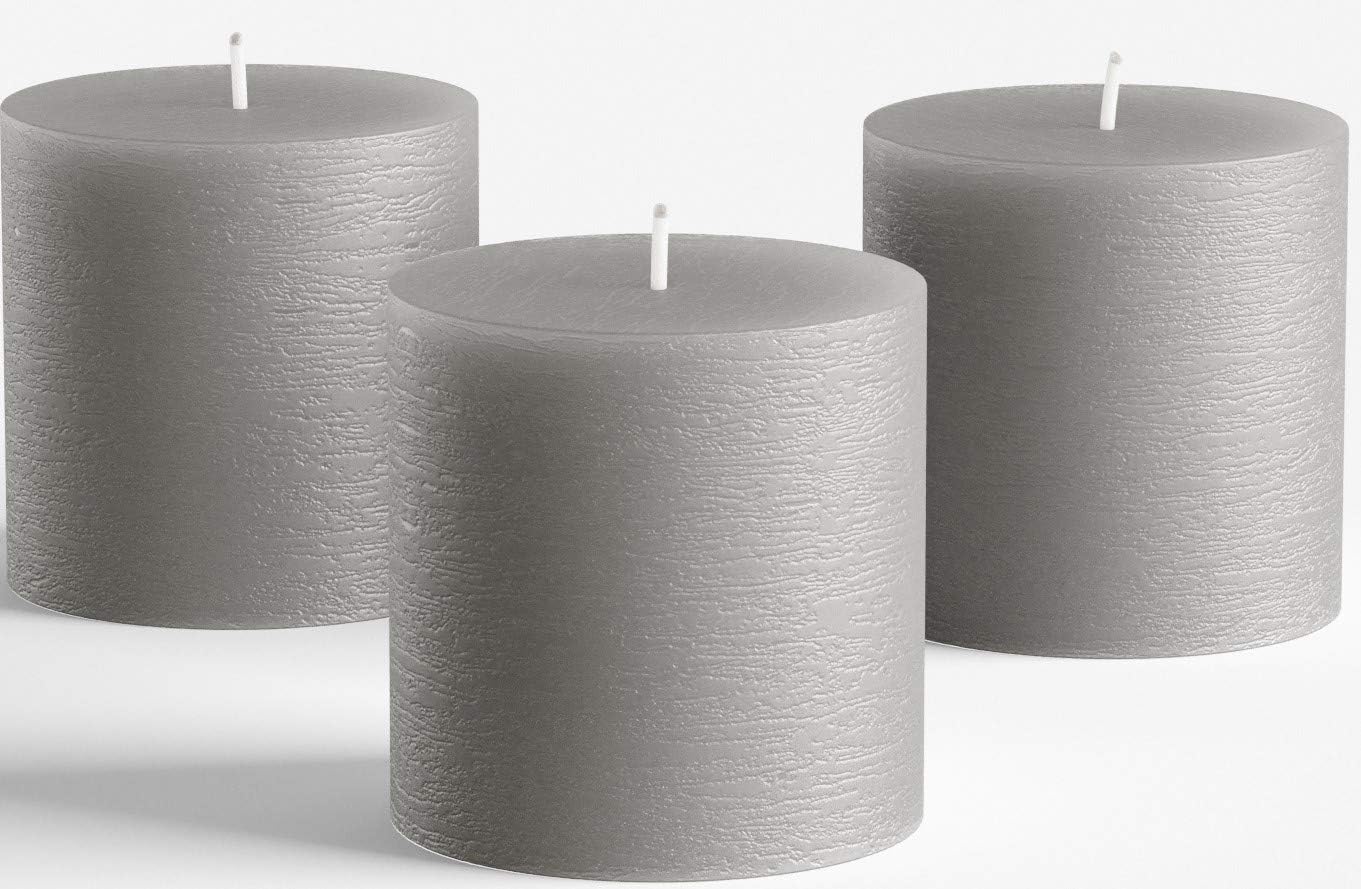 Set of 3 Pillar Candles 3" x 3" Unscented Handpoured Weddings, Home Decoration, Restaurants, Spa, Church Smokeless Cotton Wick - Grey