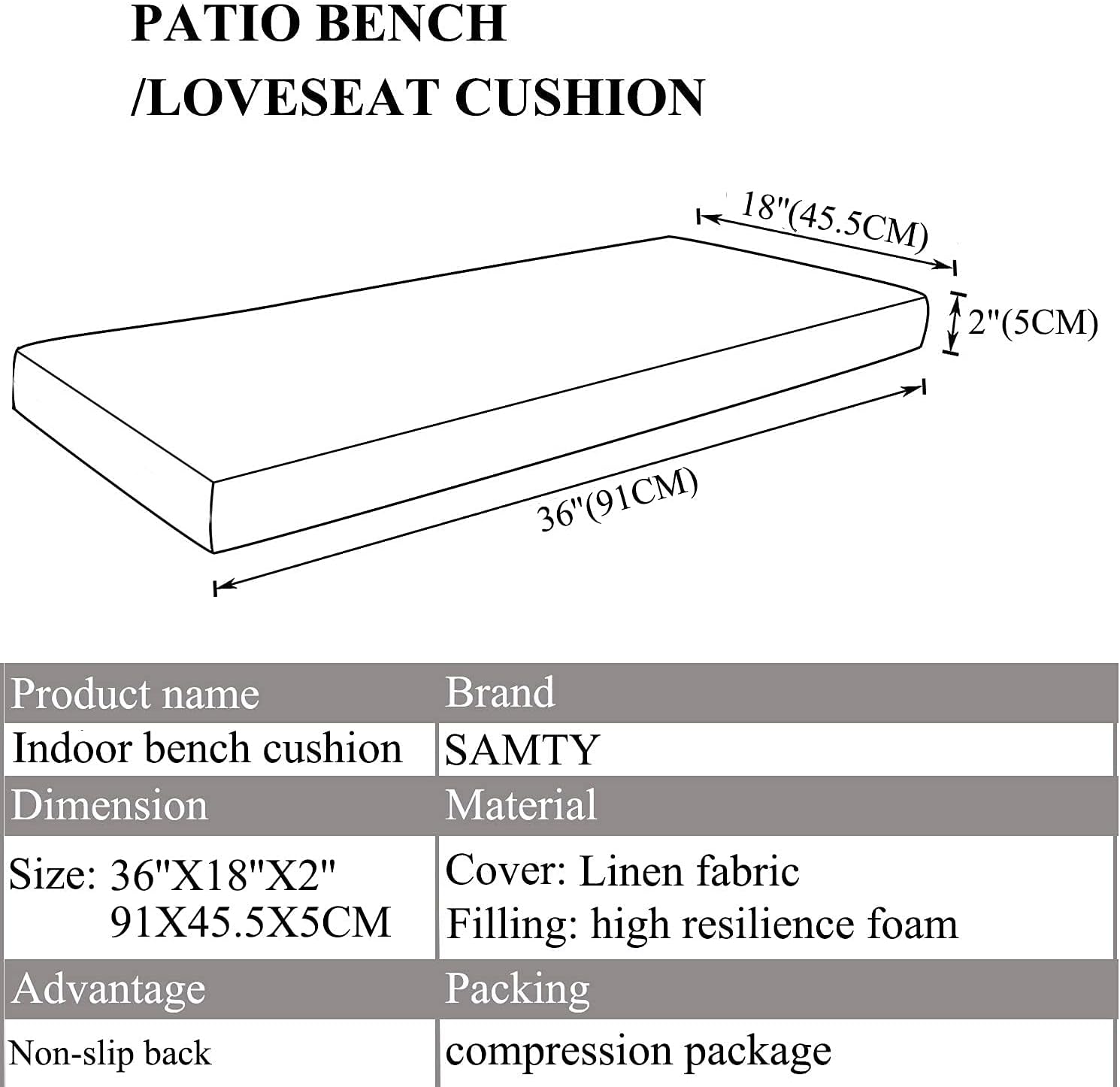 Memory Foam Chair Pads Non Slip Bottom Indoor Settee Cushion Piano Bench Seat Cushions 36 x 18 inch, Grey