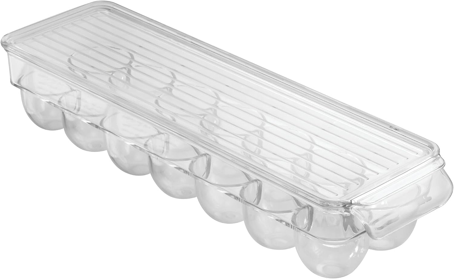 iDesign Minimalist Clear Plastic Recycled Egg Holder - Holds 14 Eggs - Fridge & Freezer - Portable Handle - Stackable - 14.6 x 4.3 x 3 inches