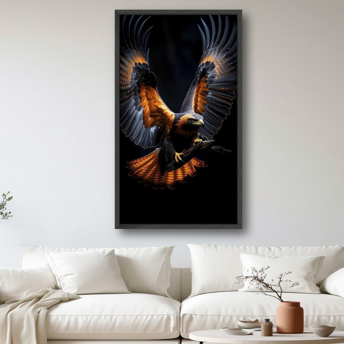 XINBAO Hawk in Flight Canvas, Bird of Prey Wall Art, Wildlife Nature Canvas,Orange Black Feather Painting, Animal Decor Poster(70x110cm/Frameless)