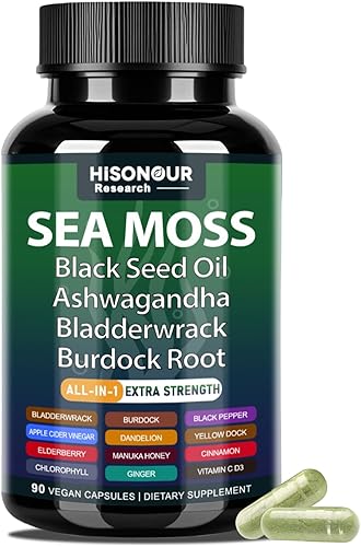 Cápsulas de musgo marino con musgo marino, aceite de semilla negra, ashwagandha, vejiga, raíz de bardana, jengibre, vitaminas C y D3, suplemento de