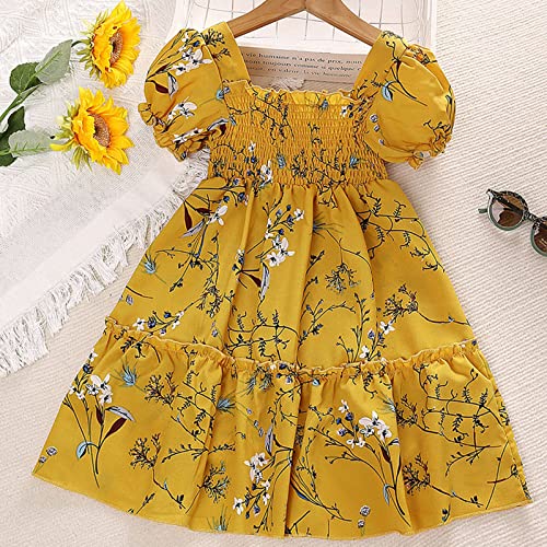 Vestido de manga curta para crianças, casual, verão, gola redonda, manga curta, estampa floral, vest