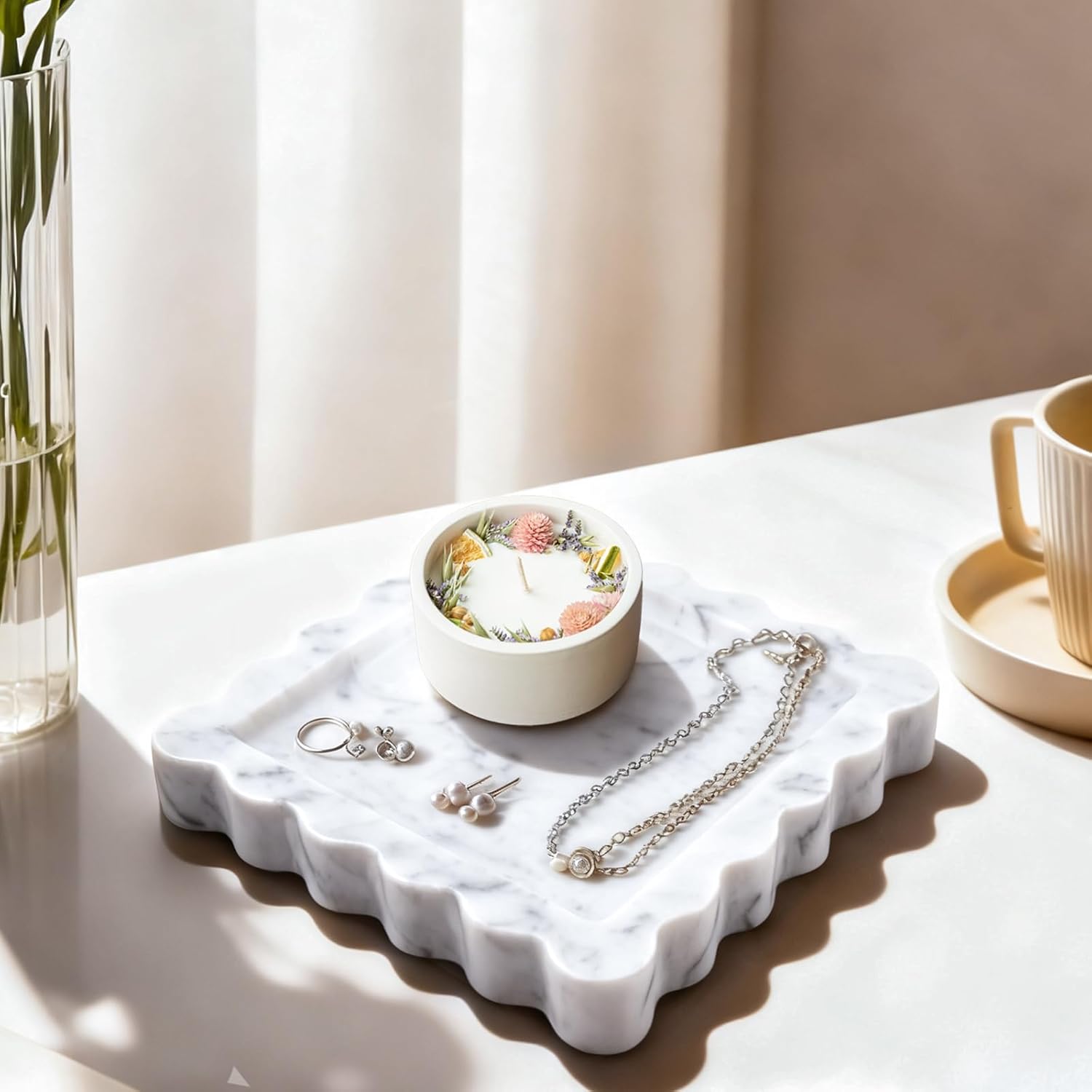 Marble Tray for Bathroom, Scalloped Tray, Marble Vanity Tray, Natural Stone Tray, Marble Tray for Kitchen Counter, Jewelry, Candle, Lotion, Countertop, Bathroom, Home Decor, Square