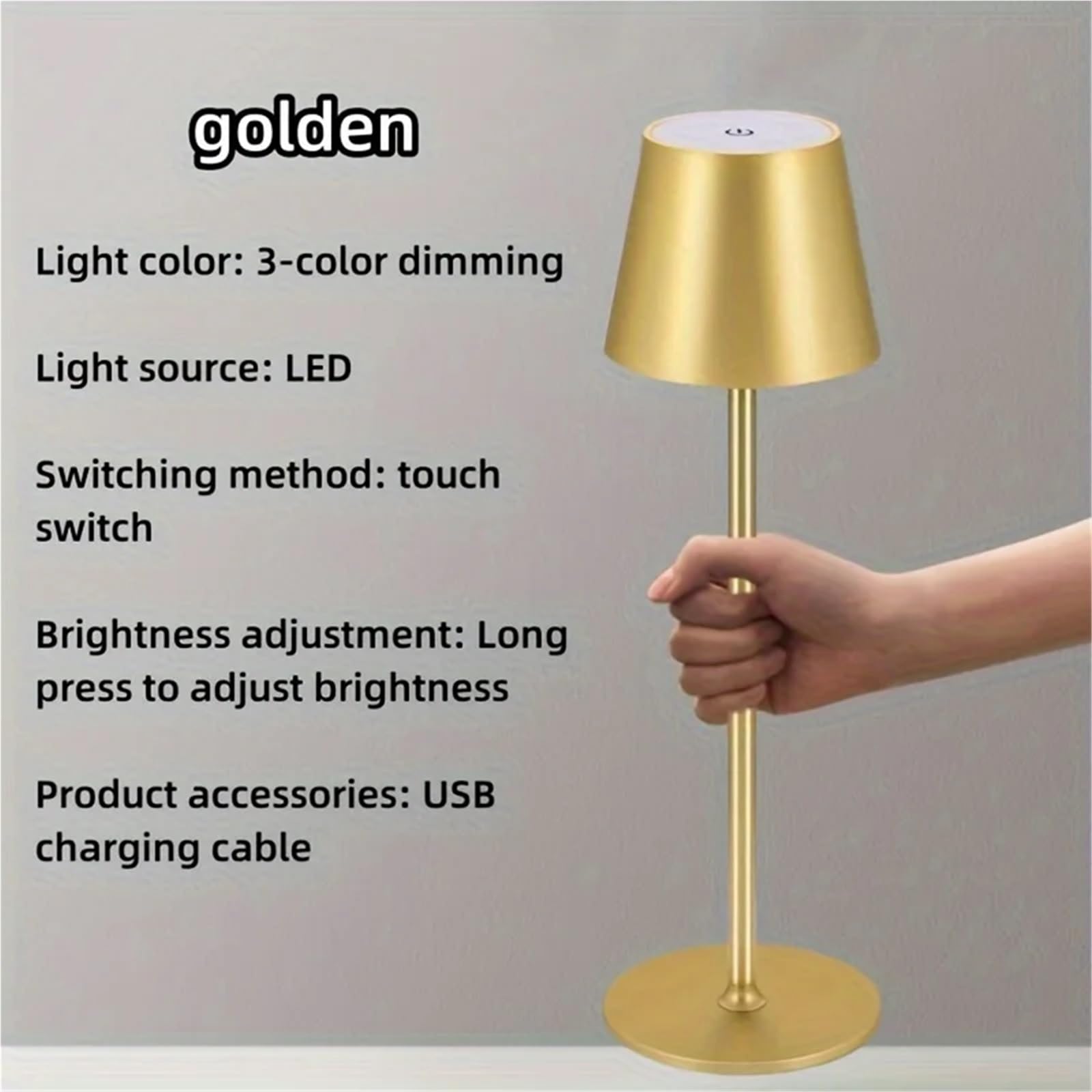 1 x dotykowa lampa stołowa LED do ładowania z 3 kolorami światła (złota)
