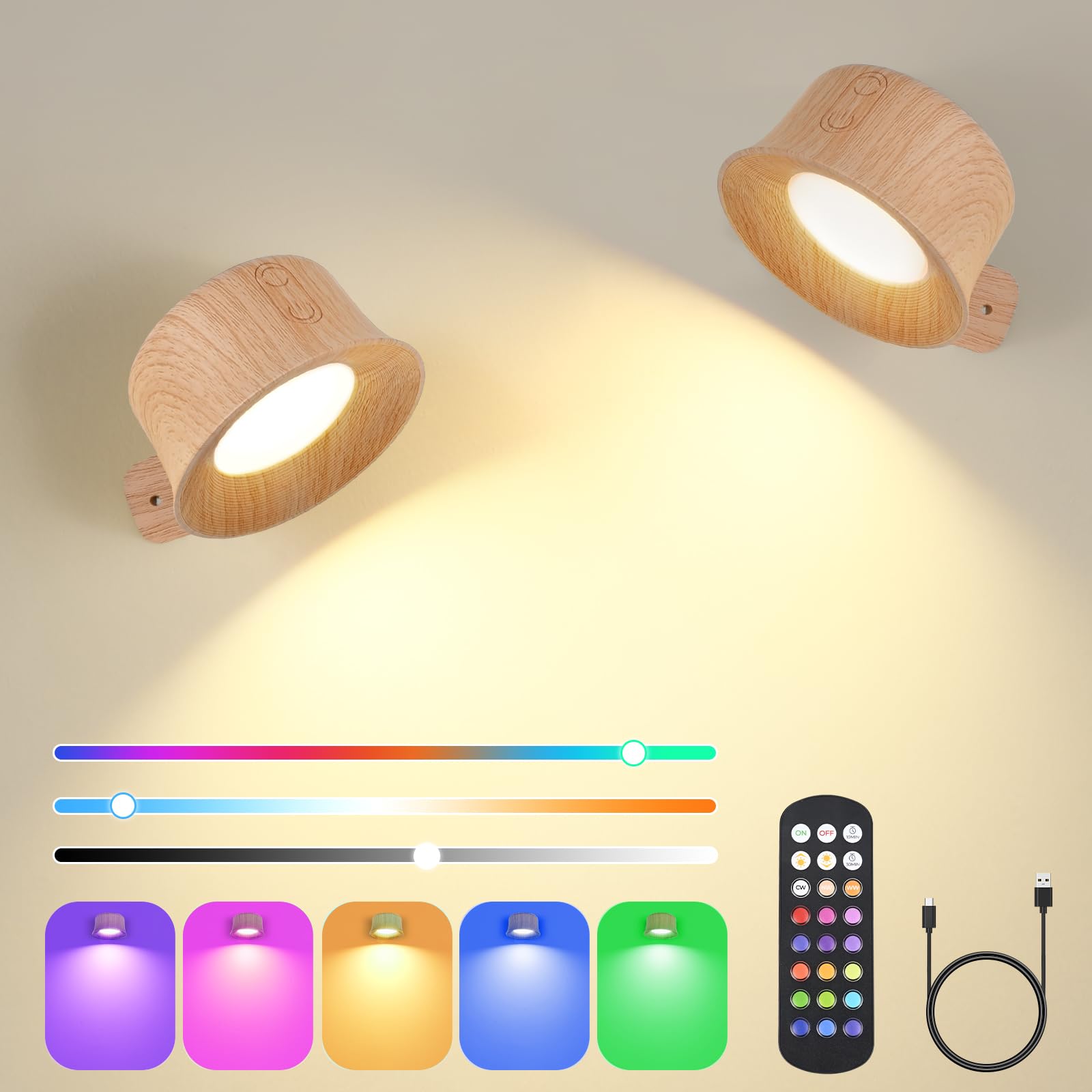 Euakee Lámpara de pared LED 2PCS, Luz de Pared de Interior con Batería de Carga USB, Lampara Pared con Control Táctil & Control Remoto, Aplique de Pared para Dormitorio Lectura (Grano de madera)