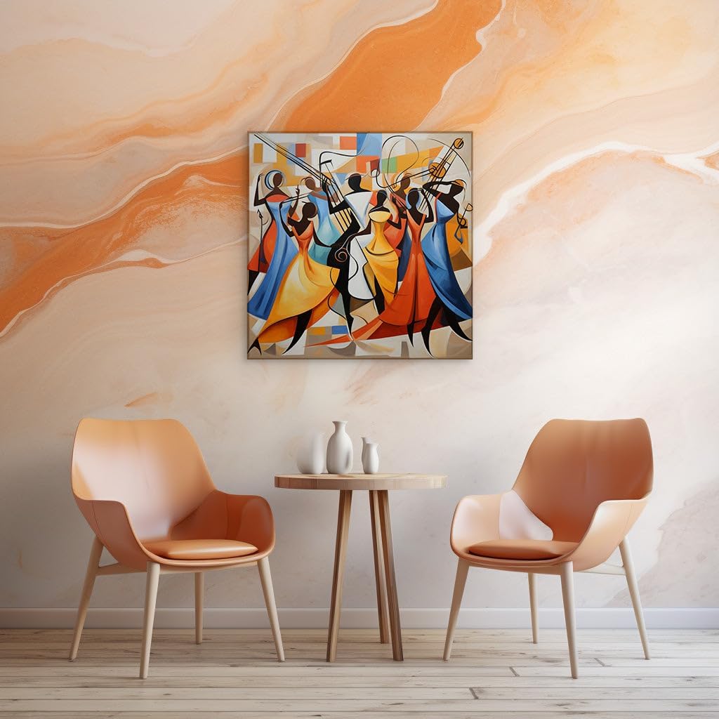 Canvas for Living room. Vibrant Rhythms of Joy: An African-Inspired Oil Painting Brought to Life with Music and Dance, 27 x 18 inch Canvas Wall Art - Contemporary Masterpieces - Modern Home Decor