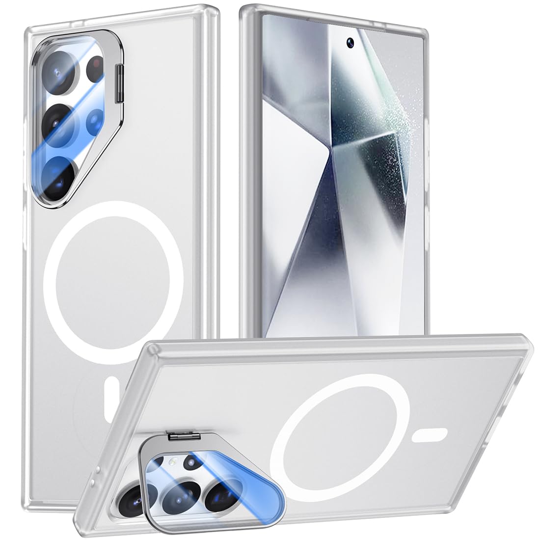 TIANNIUKE Magnetic Case for Samsung Galaxy S24 Ultra,Translucent Matte Anti-Fingerprint,Compatible with MagSafe,Alloy Camera Stand & 9H Tempered Glass-Adjustable Kickstand (Transparent White)