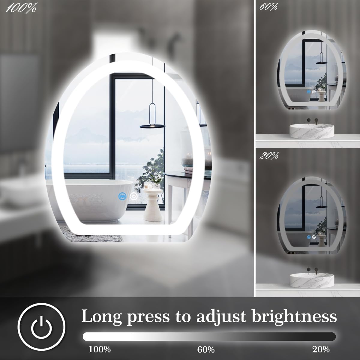 28 x 36 Inch Half Oval Vanity Mirror with Lights Smart 3 Color Dimmable AntiFog 36" Frameless Backlit Flat Bottom Oval Lighted Mirror for Bathroom Salon Makeup Wall LED Ovals Egg Mirrors
