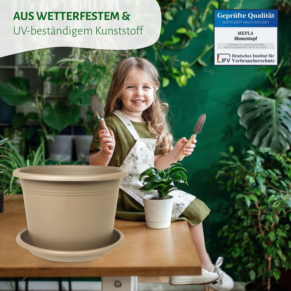 MePla 3 x Set Blumentopf Cylindro ø60cm + Untersetzer ø58cm Anthrazit, wetterfest aus UV-beständigem Kunststoff