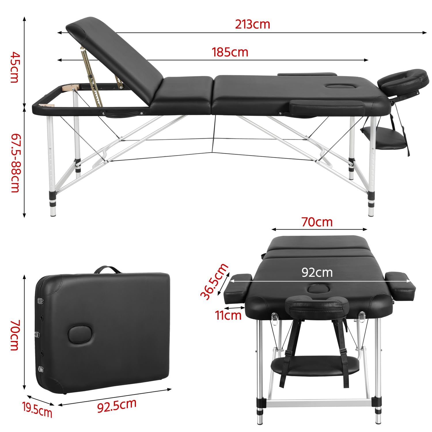 Lettino per Massaggio a 3 Zone 213 x 70 cm Professionale Portatile Fisioterapia Pieghevole in Alluminio Nero