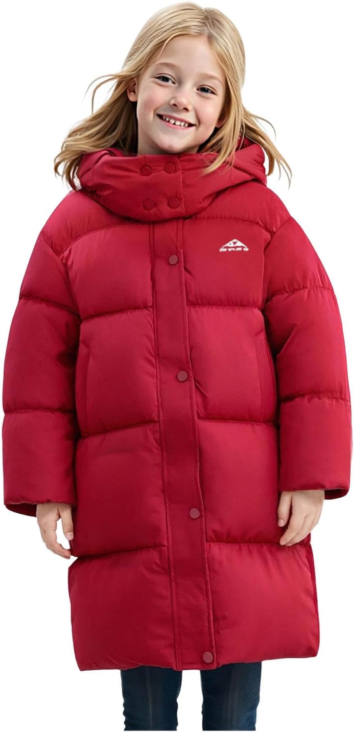 Girls Winter Down Coat Warm Long Pockets Jacket with Hood Zipper Thicken Thermal Warm Outerwear for Cold Weather