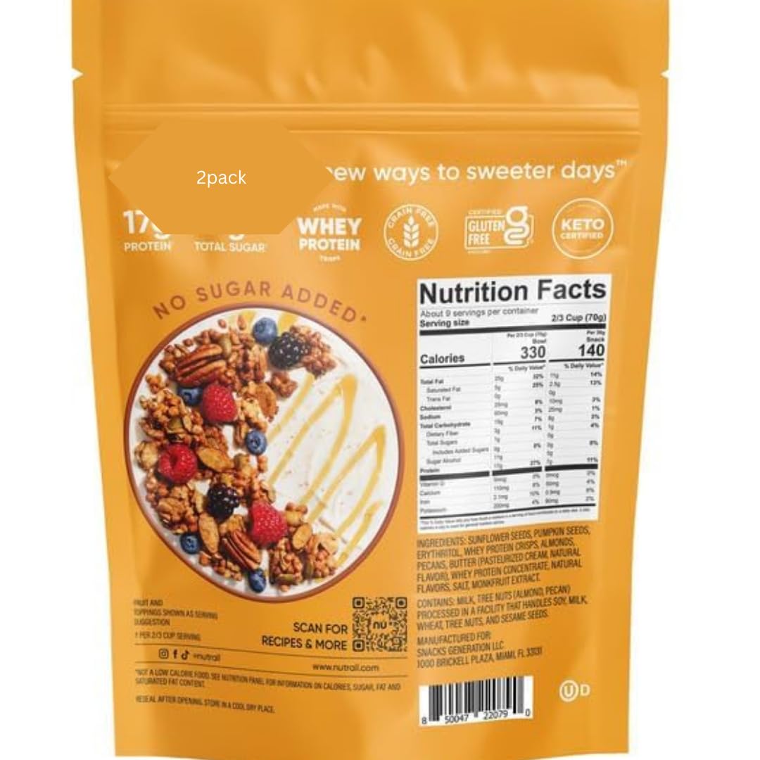 NuTrail! Honey Nut Protein Nut Granola, No Sugar Added, Low Carb, Keto Friendly, Gluten Free Granola Cereal, High Protein Snack, 22 oz Bag (Pack of 2)