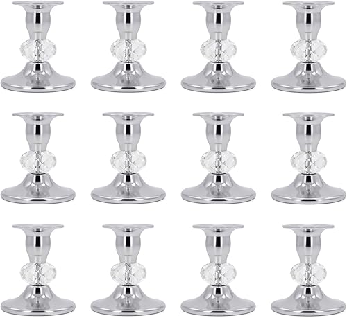 Juego de portavelas 12 portavelas cónicos plateados, latón vintage, soportes de vela de cristal de metal, elegantes portavelas para centro de mesa,