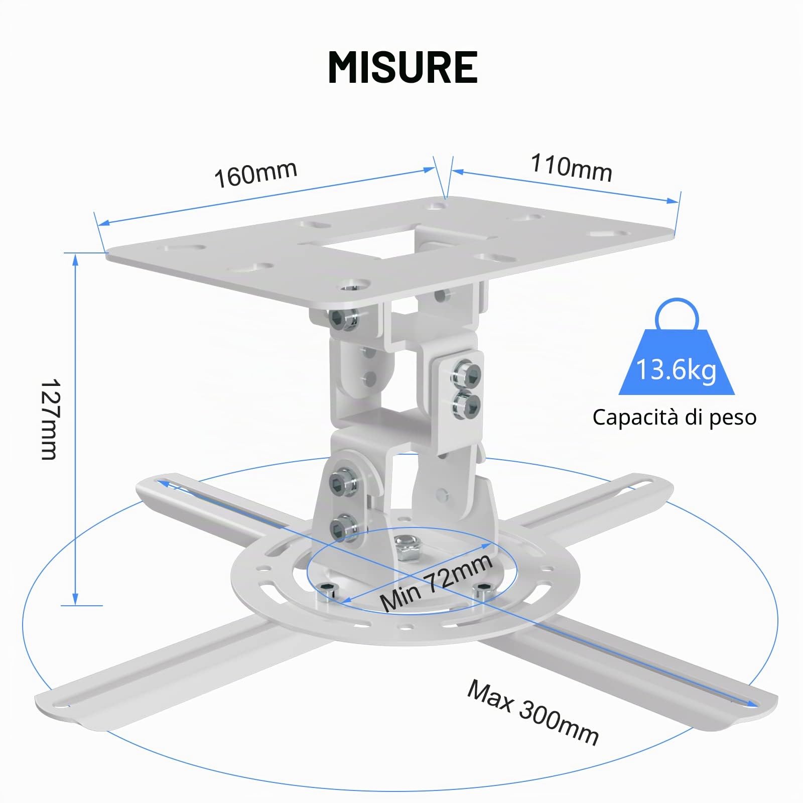 XINLEI Supporto da parete a soffitto universale per proiettore con rotazione di 360°, rotazione di 40° e inclinazione di 30°, morsetto regolabile per impieghi gravosi, capacità 13,6 kg, bianco PR14W